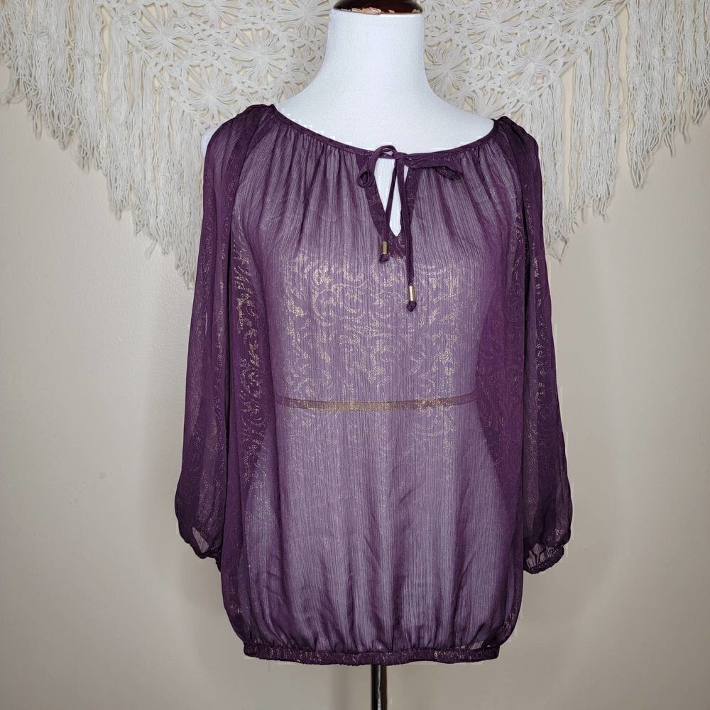 Cache Metallic Cold Shoulder Blouse Purple Gold Size Medium